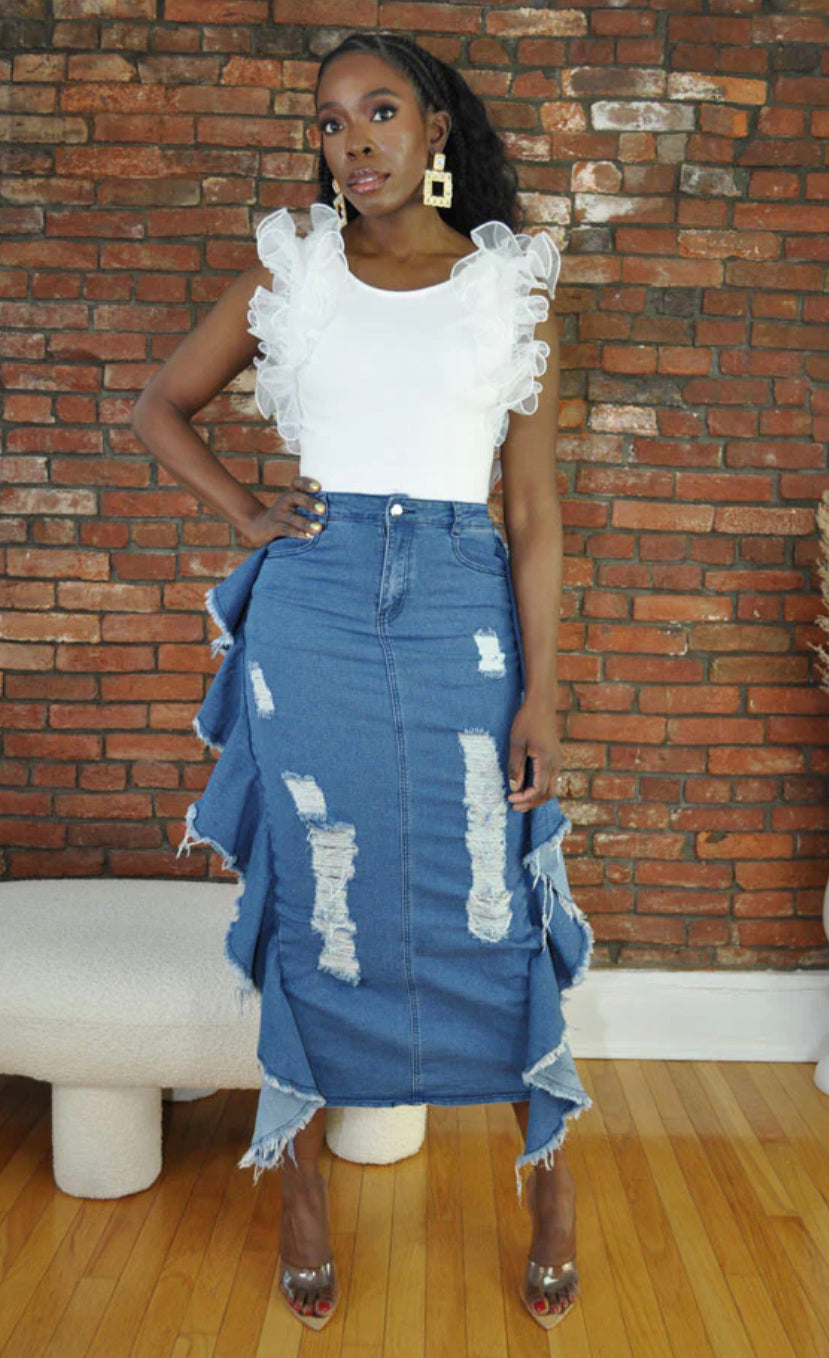Distressed Denim Maxi Skirt - Foxy And Beautiful